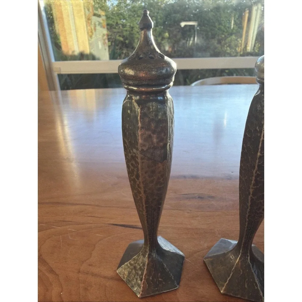 1926 Arts and Crafts Hand Hammered Metal Salt Pepper Shakers Studio Made Stamped